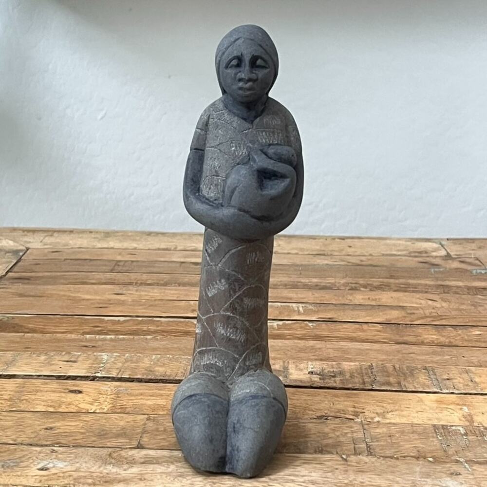 Hand-Carved Dark Stone Sculpture Kneeling Mother Infant 9" Matte Textured